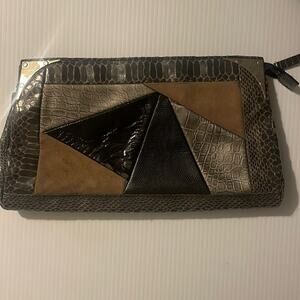 Faux leather faux python patchwork mixed media gray/black/brown clutch purse